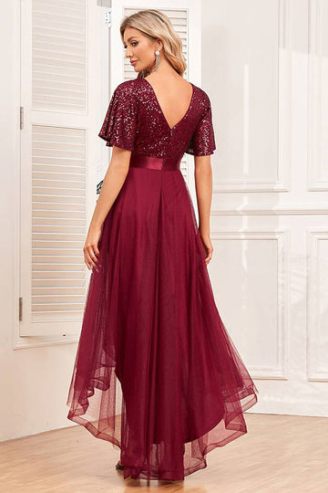 High-low A-Line Burgundy Formal Dress with Sequins